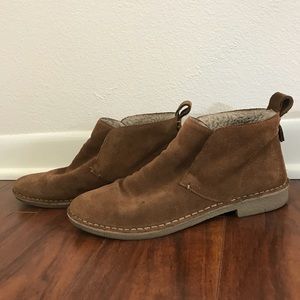 Brown suede moccasin booties lined with fleece